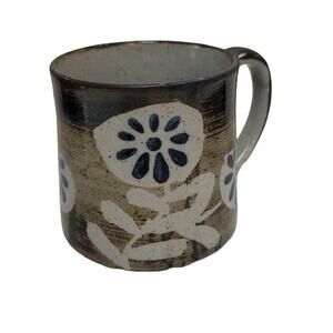 Vintage Otigiri Japan coffee mug tea Earthtones floral blue brown stoneware